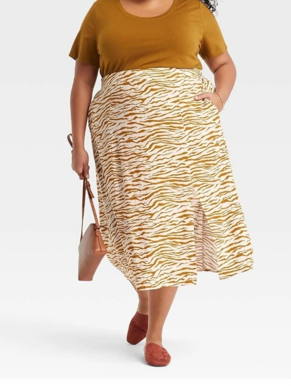 Ava & Viv Mustard and Cream Zebra-Print Midi Skirt